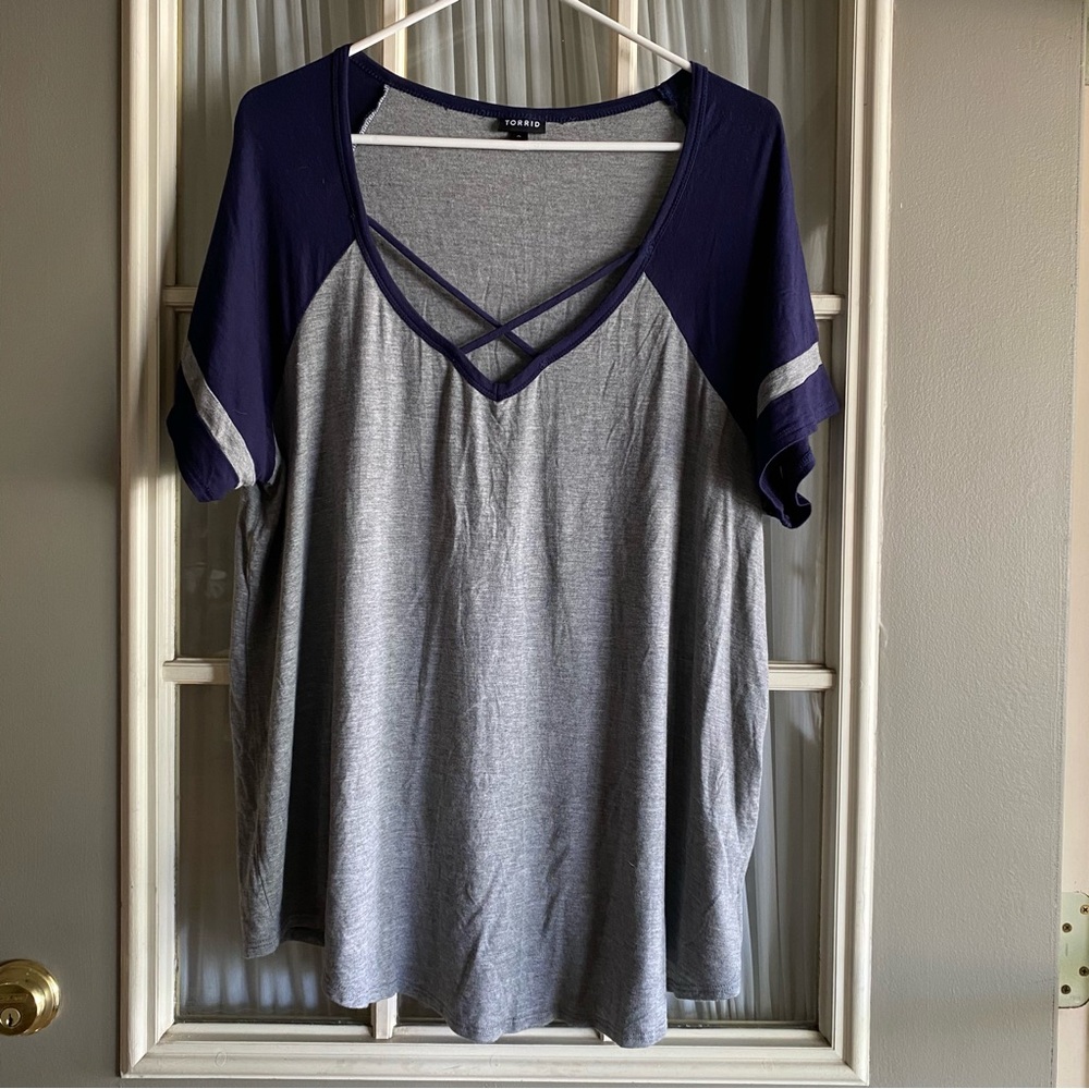 Torrid Navy and Gray Strappy V-Neck Tee